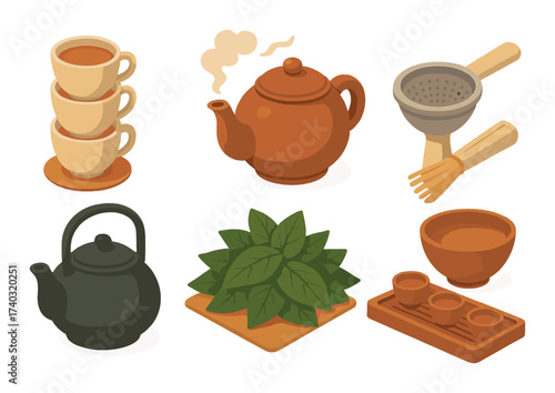 Tea set with herbal leaves and teacups on warm gradient background