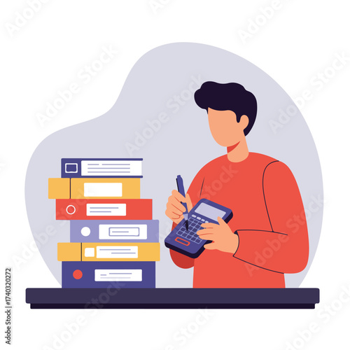 Person calculating with a calculator next to a stack of binders