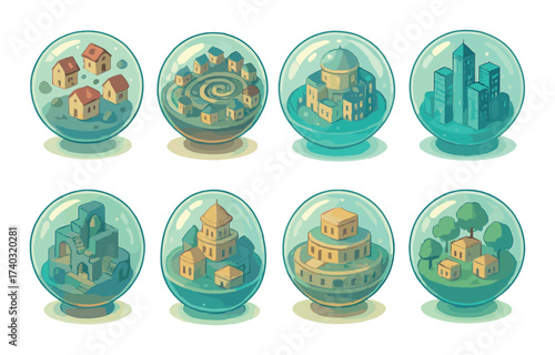 Whimsical miniature worlds: eight glass spheres containing diverse imaginary landscapes