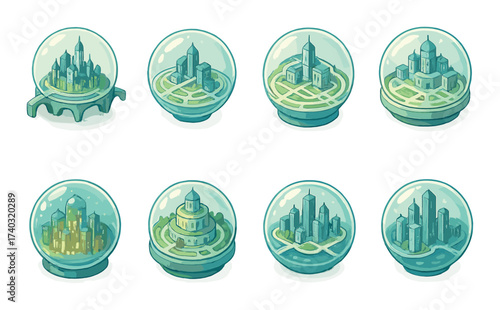 Futuristic cityscapes in glass globes display unique architectural designs