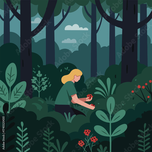 Woman picking red berries in a dark, lush forest