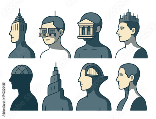 Abstract human figures with architectural elements as headpieces