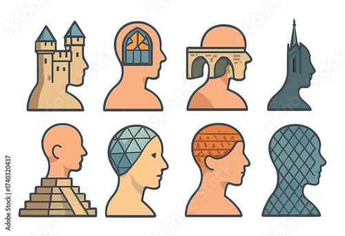 Abstract human profiles with architectural elements in geometric designs