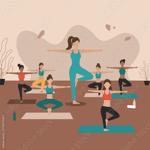 Diverse group practicing yoga tree pose, led by instructor