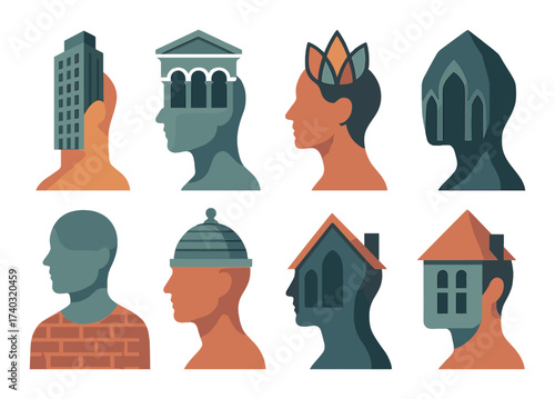 Abstract human silhouettes with architectural elements in surreal art style