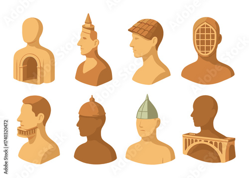 Architectural head sculptures on golden background featuring unique designs