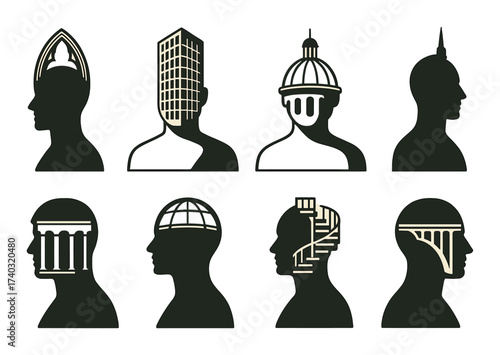Silhouetted profiles with architectural elements on olive background