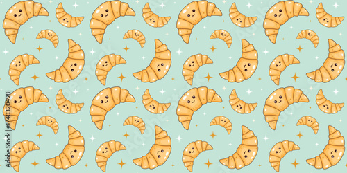 Seamless patern with cute croissants on  light green background. Kawaii croissants. Cute food. Ornament with kawaii food. Design for bakery, restaurant, cafe, fabric and textile. Vector illustration.