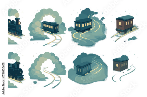 Whimsical dreamlike night train journey in clouds with glowing tracks