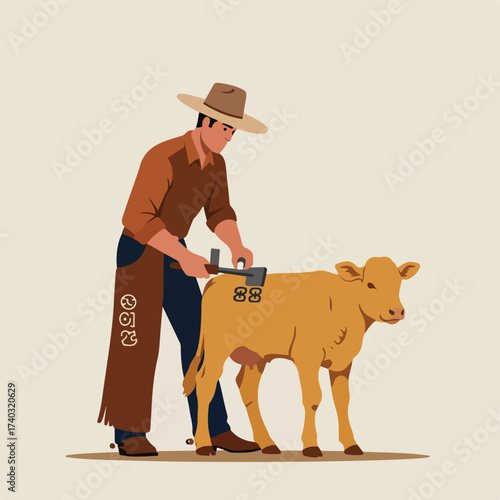 Rancher applies a brand to a young calf