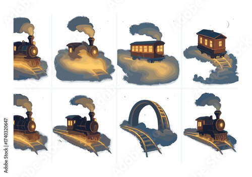 Surreal vintage train journey through clouds and night sky
