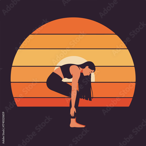 Serene woman in yoga pose, silhouetted against a retro sunset gradient