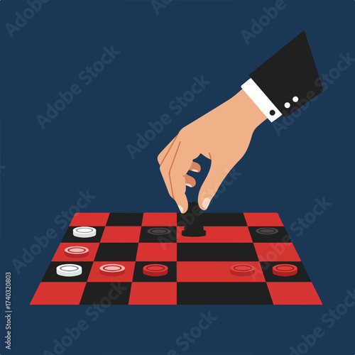 Hand in suit moves a black checker on a red and black board