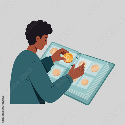 Person arranging coins in a collector's album