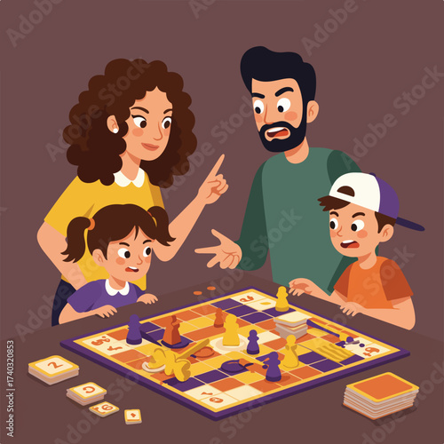 Family engaged in a spirited board game with dramatic expressions