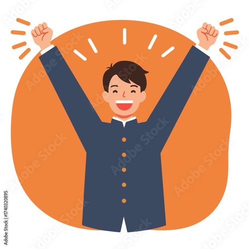 Young person in a suit with arms raised and fists clenched in excitement