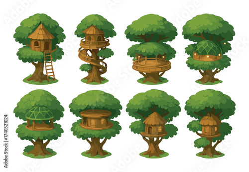 Whimsical treehouses nestled in lush greenery with varied designs and warm lighting