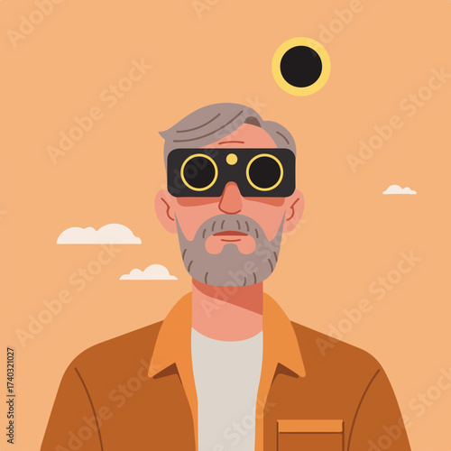 Man with eclipse glasses observes solar eclipse in a warm sky
