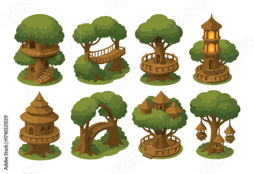 Whimsical treehouses with lush green canopies and intricate wooden structures