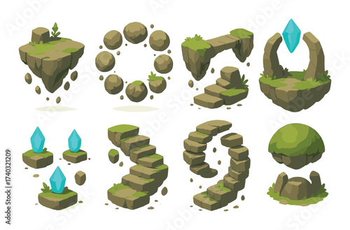 Fantasy game floating islands with stone platforms and glowing crystals