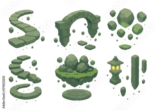 Enchanted floating stone platforms and glowing lantern in green mist