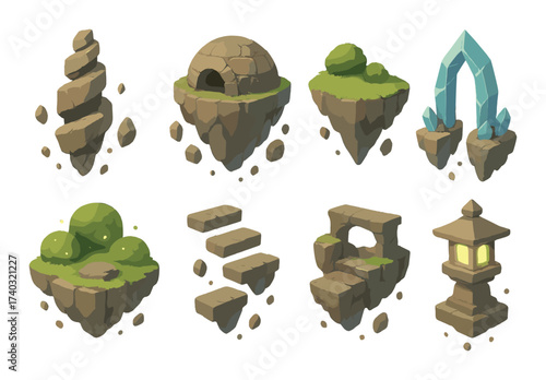 Fantasy floating islands with stones, grass, and crystal archway