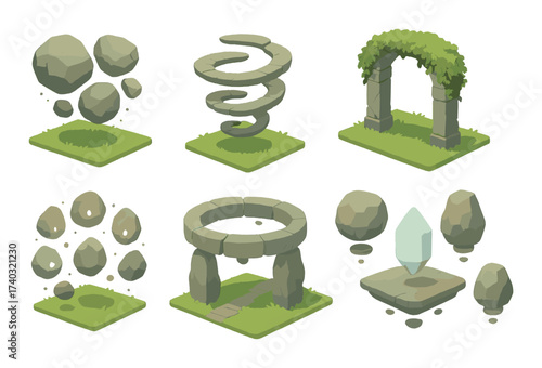 Enchanted stone structures in green landscape with magic crystal and spirals