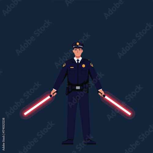 A law enforcement officer stands ready with two glowing red energy swords