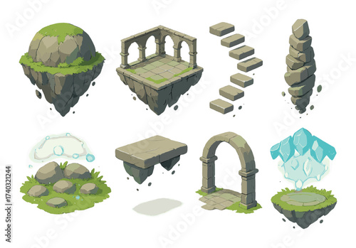 Magical floating islands with stone structures and glowing elements