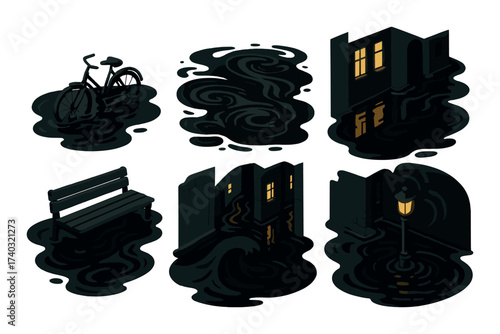 Surreal nocturnal scene with bicycles, buildings, and lamps in dark fluid