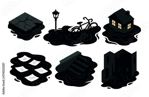 Dark flooded urban scenery with bikes and buildings