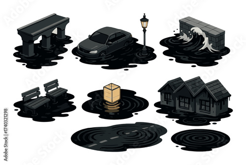 Flooded urban scenes with structures, car, and lamp post at night
