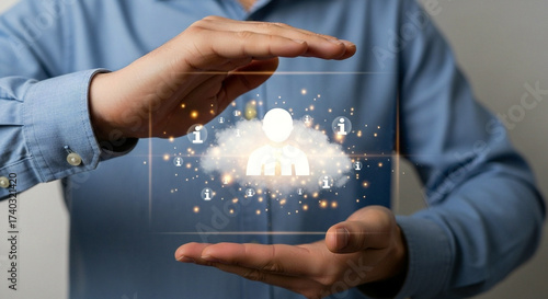 Businessman Protecting Personal Data on Virtual Cloud Screen Representing Cybersecurity Privacy Internet Safety and Digital Information Care