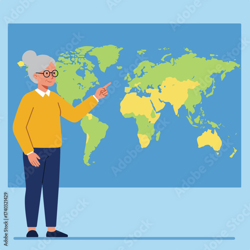 Elderly woman in glasses points to a colorful world map, indicating education or travel