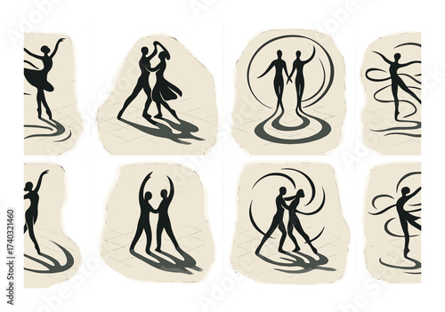 Abstract silhouette dance: graceful couples in fluid movements and flowing ribbons