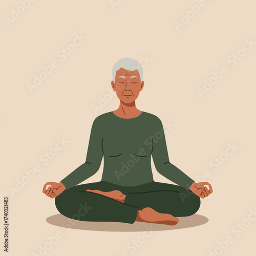 Peaceful elderly person meditating cross-legged in a serene pose