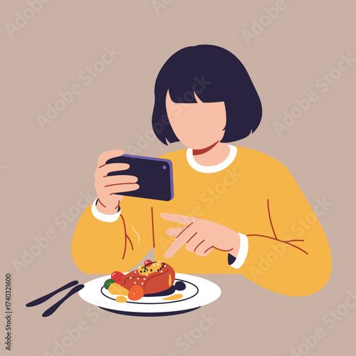 Person photographs food with phone and makes peace sign