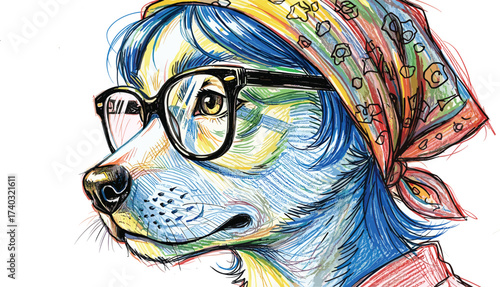 Vibrant hand-drawn illustration of a cool hipster dog wearing fashionable glasses and a colorful bandana