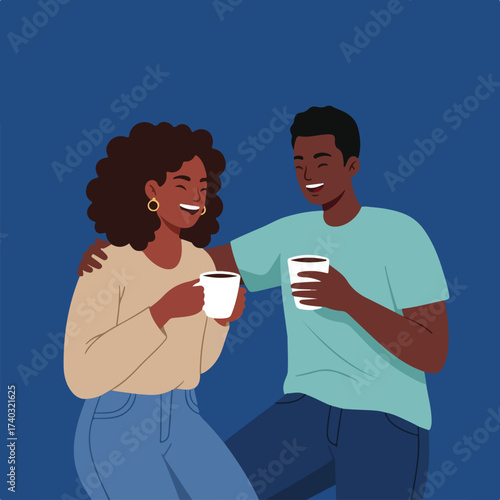 Happy couple sharing coffee and laughter against a blue background