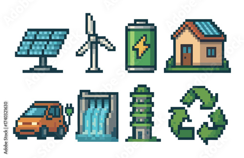 Pixel art icons of renewable energy and sustainable living symbols