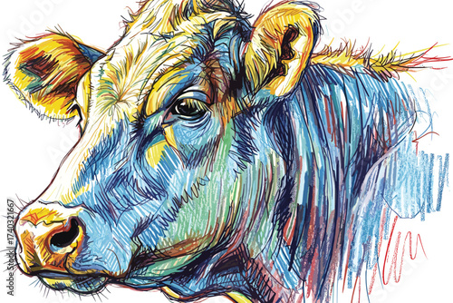 Colorful artistic illustration of a cow's head in a vibrant sketch style on a white background