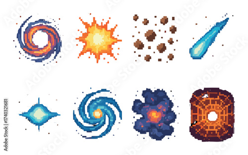 Colorful pixel art space elements: galaxy, star, meteor, nebula, cosmic phenomena