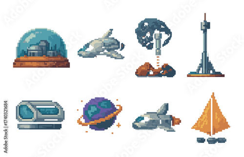 Retro pixel art of futuristic spacecraft and cosmic structures in neon colors