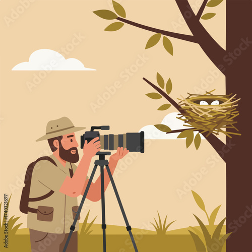 Photographer with camera on tripod observes a bird nest with eggs in a tree