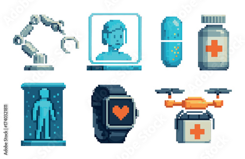 Futuristic healthcare icons with robotics, holograms, and drones in pixel art style