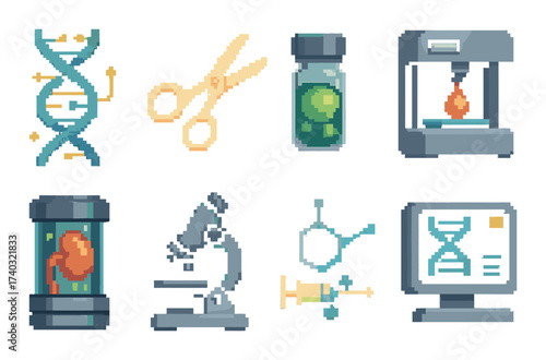 Pixel art science icons: dna, microscopy, biotechnology, and genetic engineering