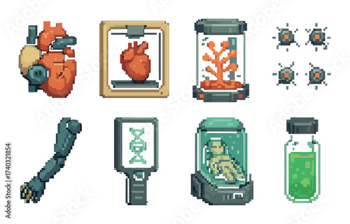 Pixel art sci-fi lab equipment with heart, arm, coral, and artificial human