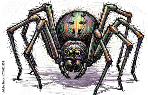 Detailed hand-drawn illustration of an eight-legged spider, showcasing its textured body, multiple eyes, and vibrant, colorful patterns, perfect for creature-themed designs