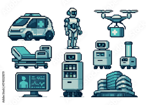 Futuristic healthcare technology pixel art: robots and drones in medicine