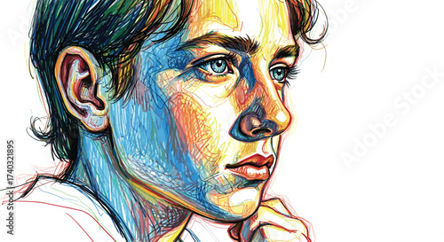 Vibrant artistic drawing of a colorful tabby cat portrait. Hand-drawn illustration of a domestic feline pet with a majestic gaze